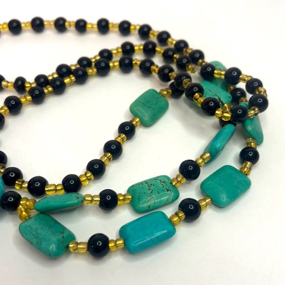 Blue Turquoise And Onyx Gemstone Bead Necklace 28” Long - Picture 4 of 6